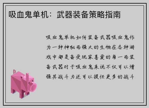 吸血鬼单机：武器装备策略指南